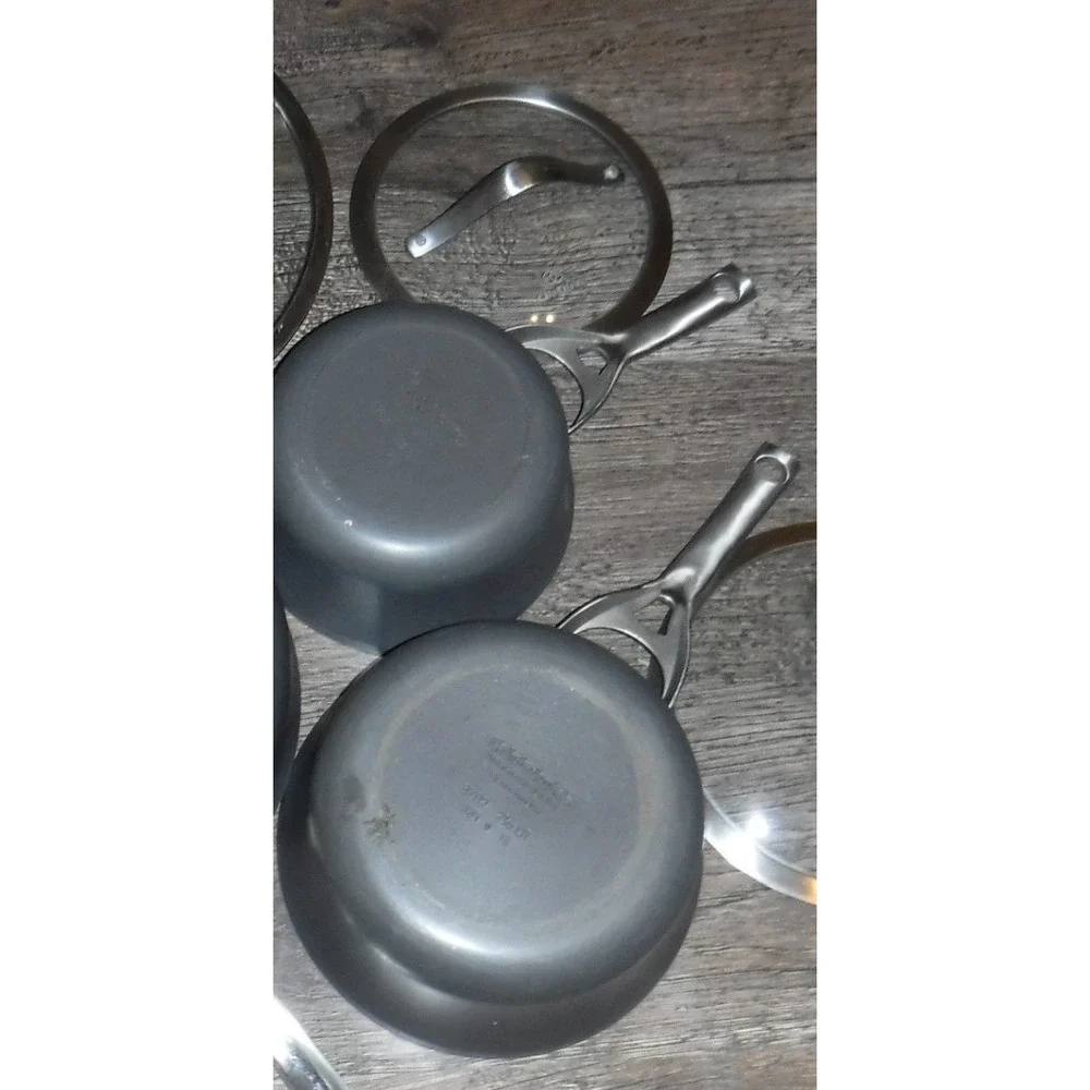 Calphalon Sauce Pan Set 2.5 Qt & Small Pot Gray Nonstick Good Condition Lids